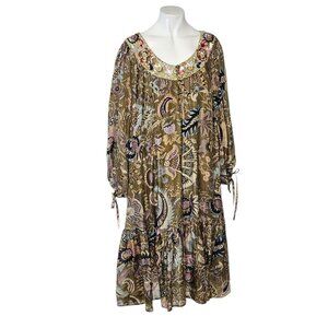Twin-Set Simona Barbieri 100% Silk, Floral Tie Sleeve Dress, Sequin Embellish, S